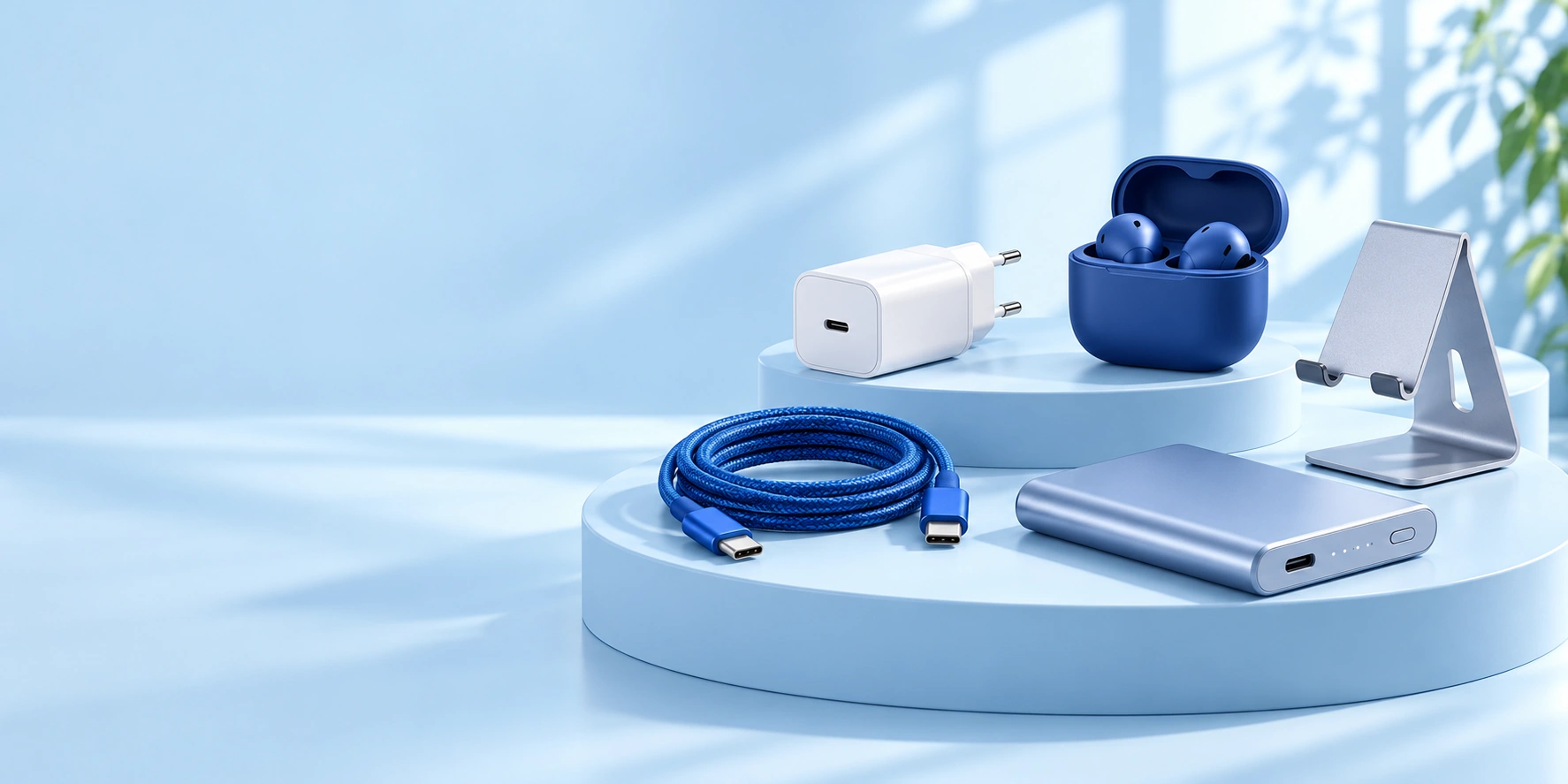 Caricatore, cavo blu, auricolari, power bank e supporto: accessori per la vita quotidiana