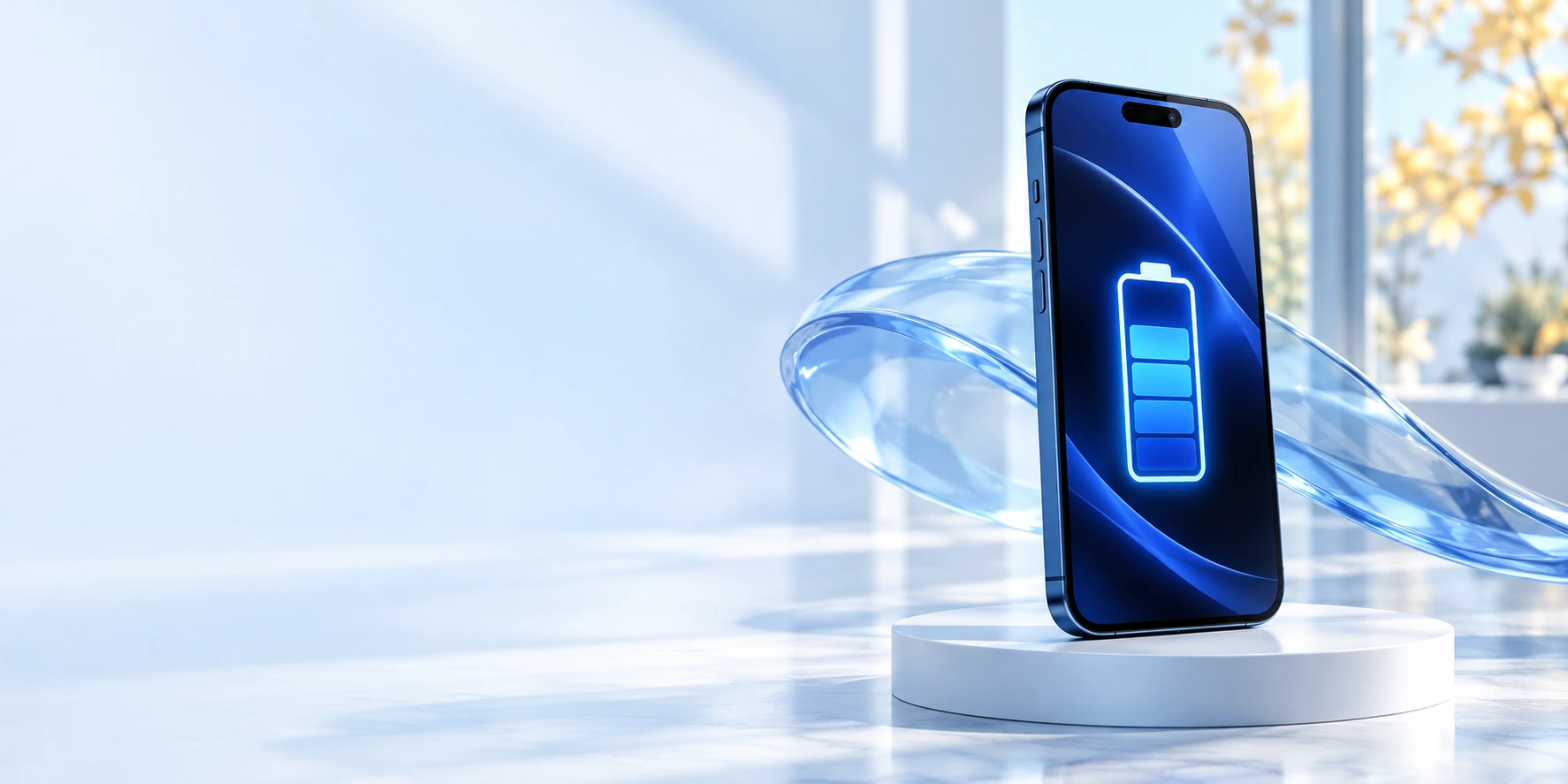 Composizione illustrativa: smartphone blu e un simbolo di energia su un piedistallo bianco