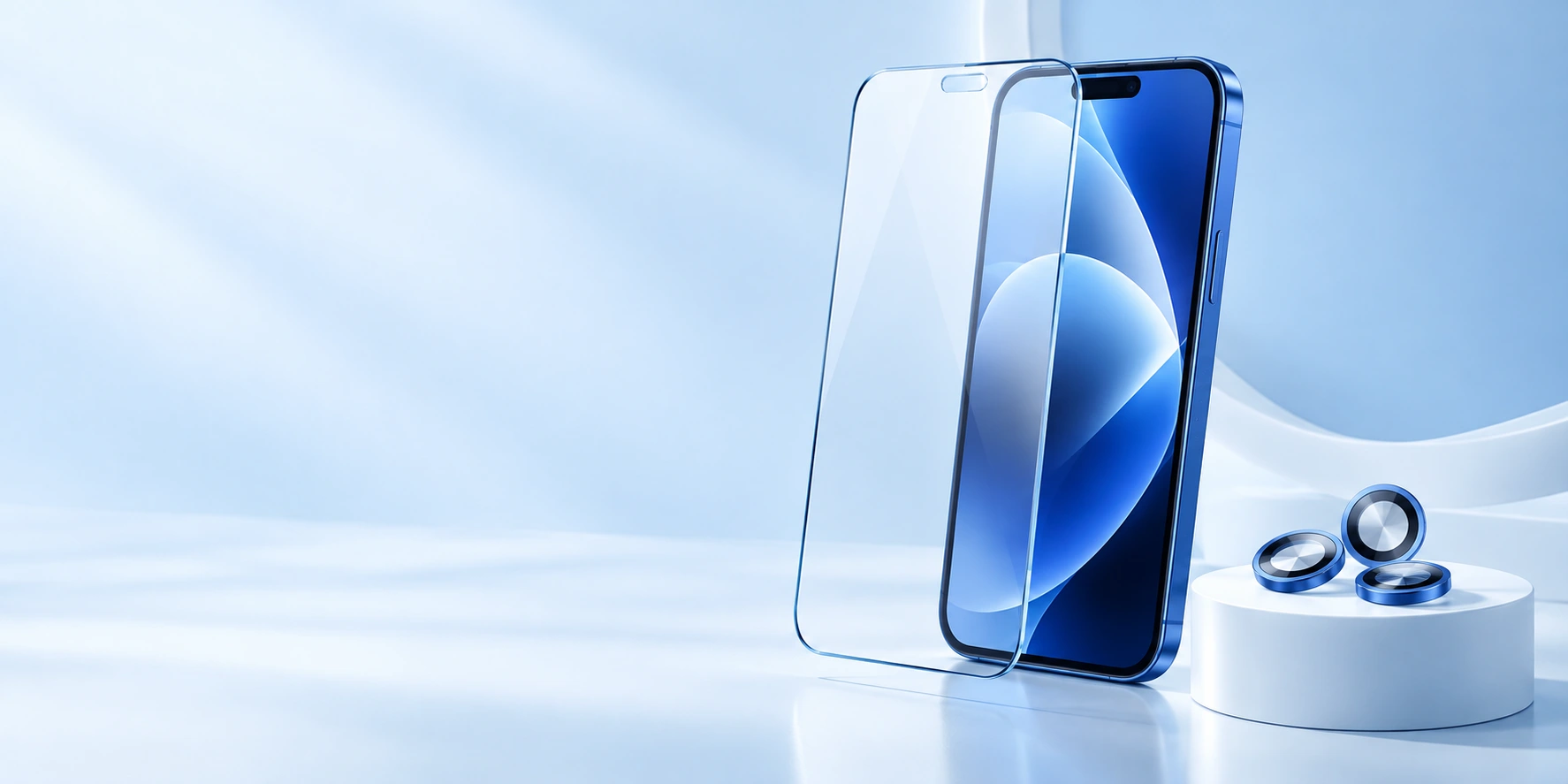 Vetro protettivo trasparente davanti a uno smartphone blu e protezioni per la fotocamera