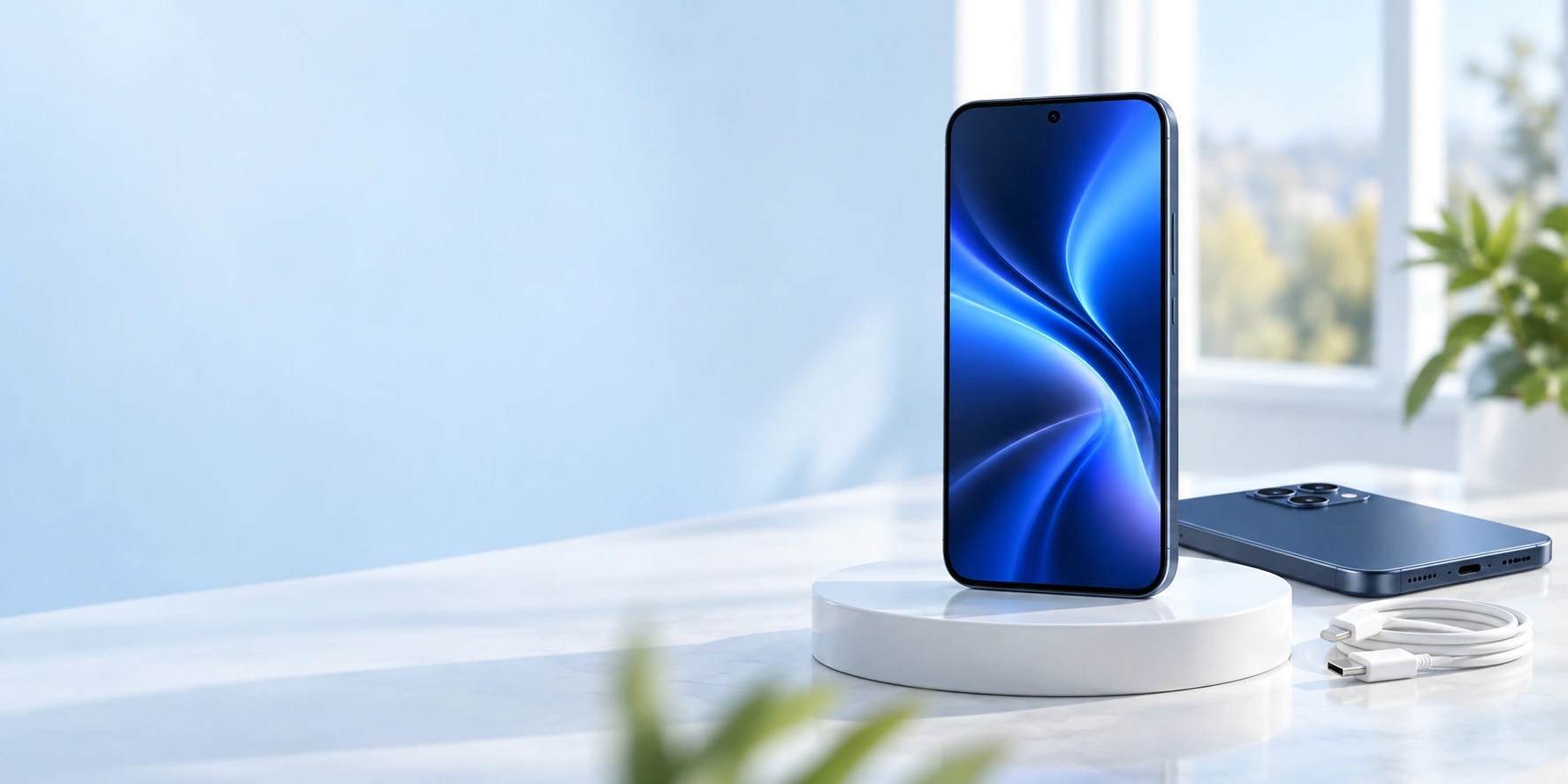 Smartphone integro con schermo blu, pronto per tornare alla vita quotidiana